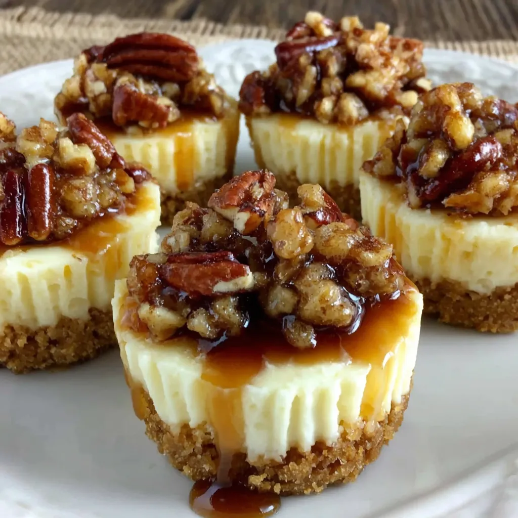 Mini pecan cheesecakes in muffin liners with glossy pecan topping